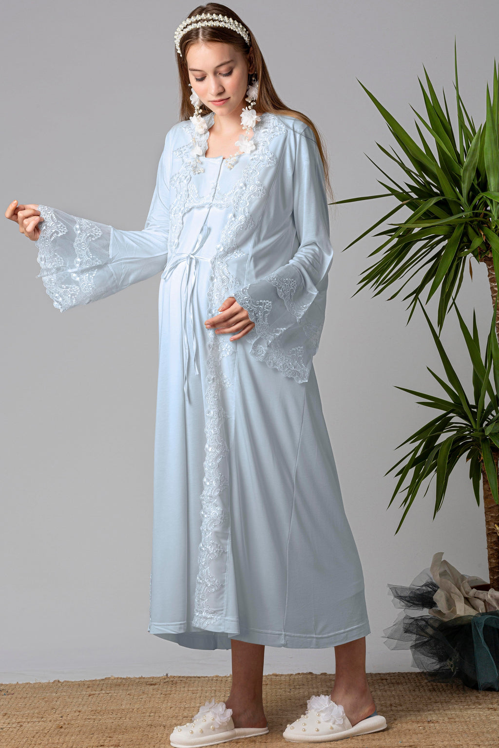 Lace Collar and Lace Detailed 4-Piece Maternity-Nursing Set Blue - 5015