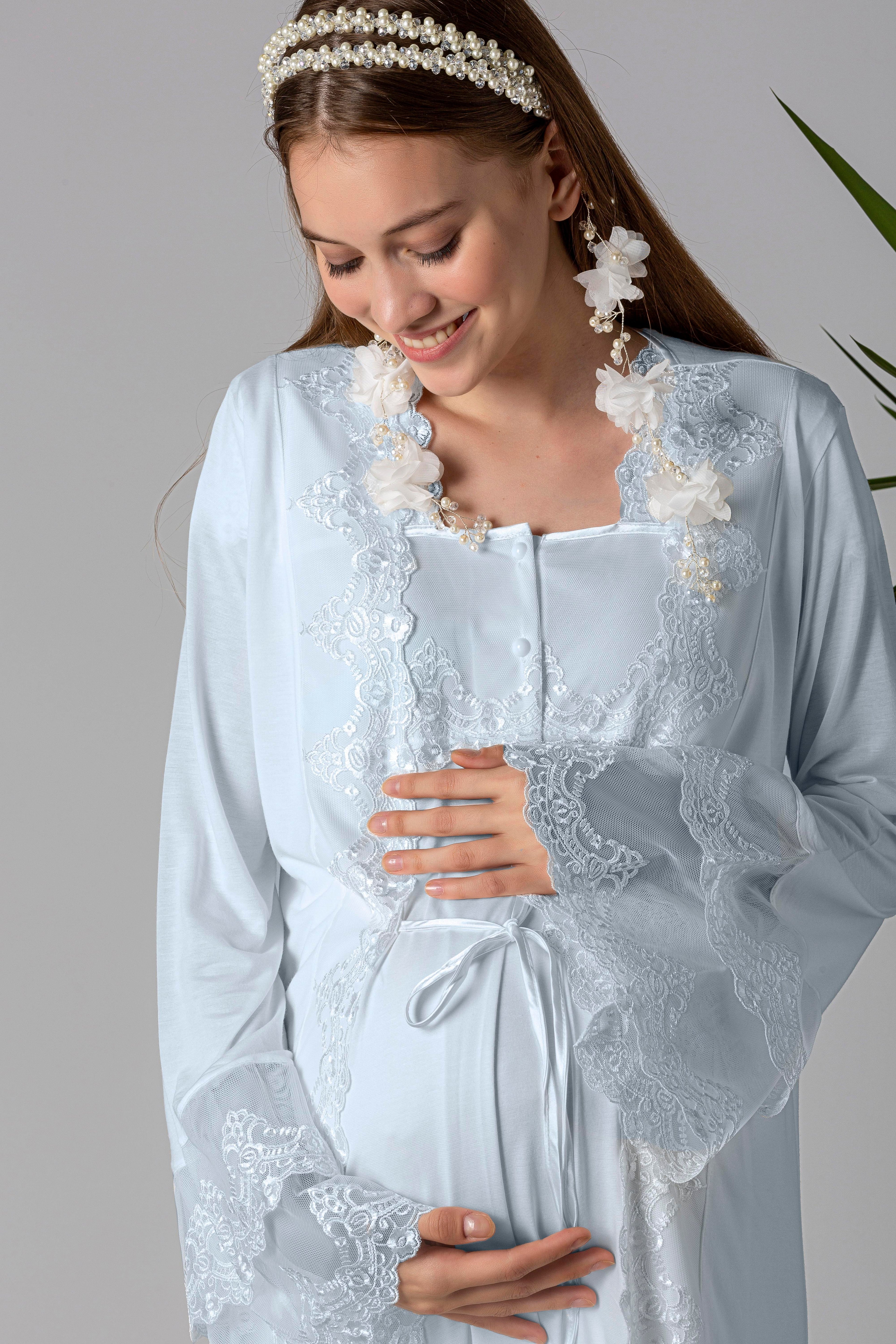Lace Collar and Lace Detailed 4-Piece Maternity-Nursing Set Blue - 5015