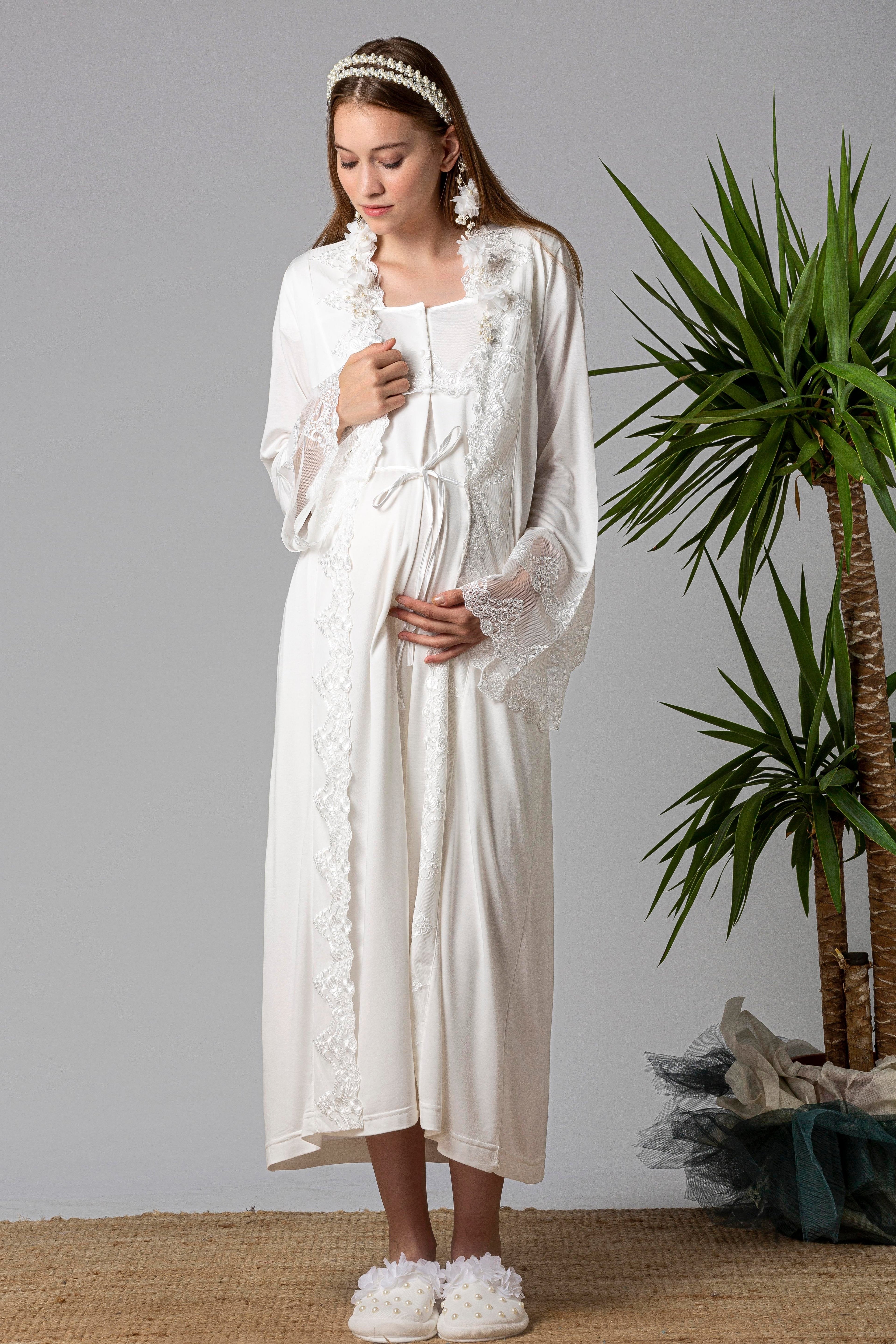 Lace Collar and Lace Detailed 4-Piece Maternity-Nursing Set Ecru - 5015
