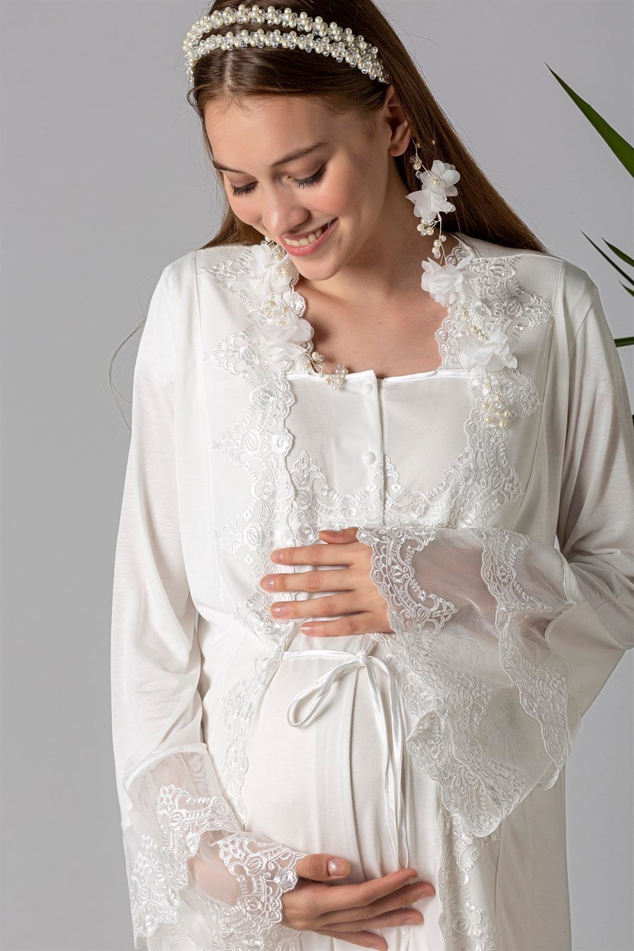 Lace Collar and Lace Detailed 4-Piece Maternity-Nursing Set Ecru - 5015
