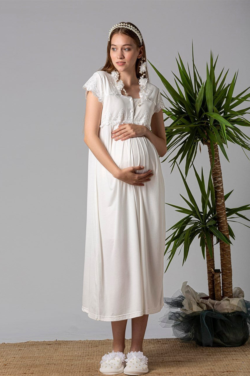 Lace Collar Maternity-Nursing Nightgown & Lace Detailed Robe Set Ecru - 5010