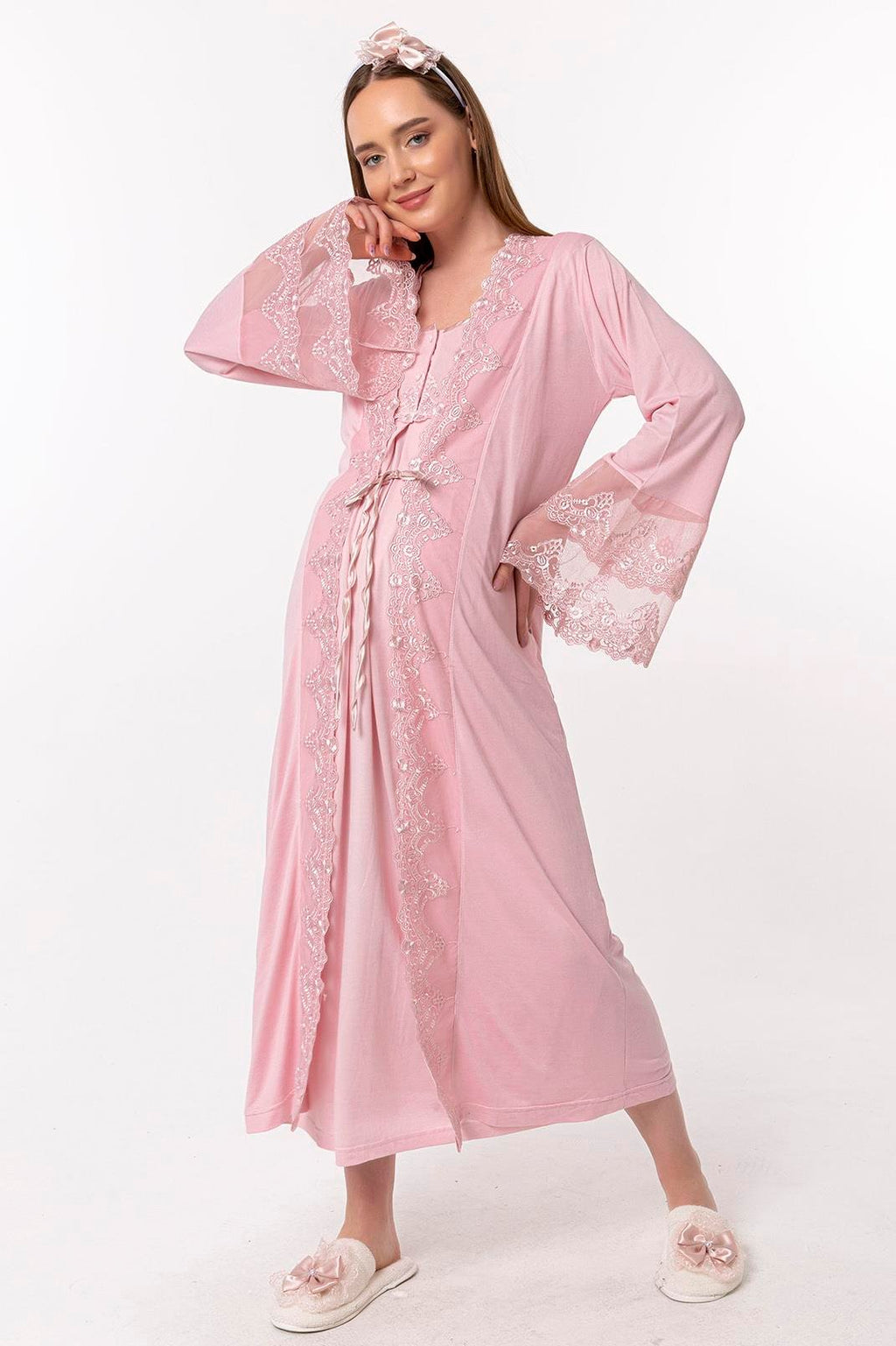 Lace Collar and Lace Detailed 4-Piece Maternity-Nursing Set Pink - 5015