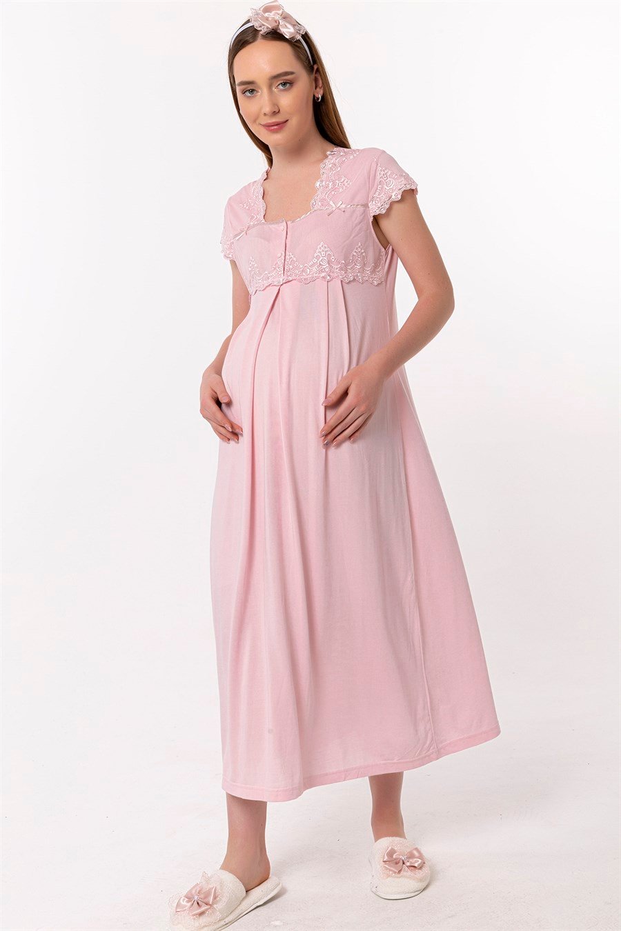 Lace Collar Maternity-Nursing Nightgown & Lace Detailed Robe Set Pink - 5010