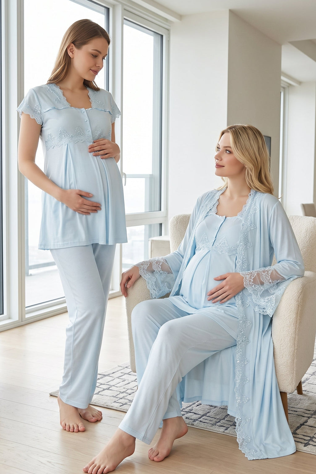 Lace Collar 3-Piece Maternity-Nursing Pajama & Lace Detailed Robe Set Blue - 5011