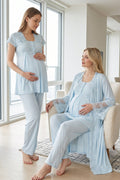 Lace Collar 3-Piece Maternity-Nursing Pajama & Lace Detailed Robe Set Blue - 5011