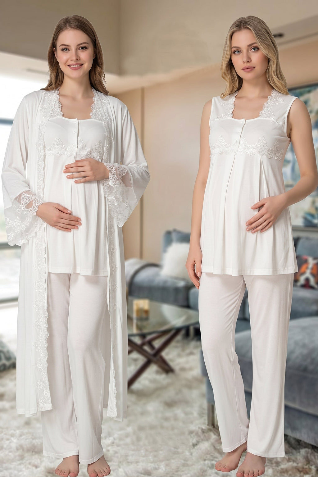 Lace Collar 3-Piece Maternity-Nursing Pajama & Lace Detailed Robe Set Ecru - 5011