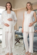 Lace Collar 3-Piece Maternity-Nursing Pajama & Lace Detailed Robe Set Ecru - 5011