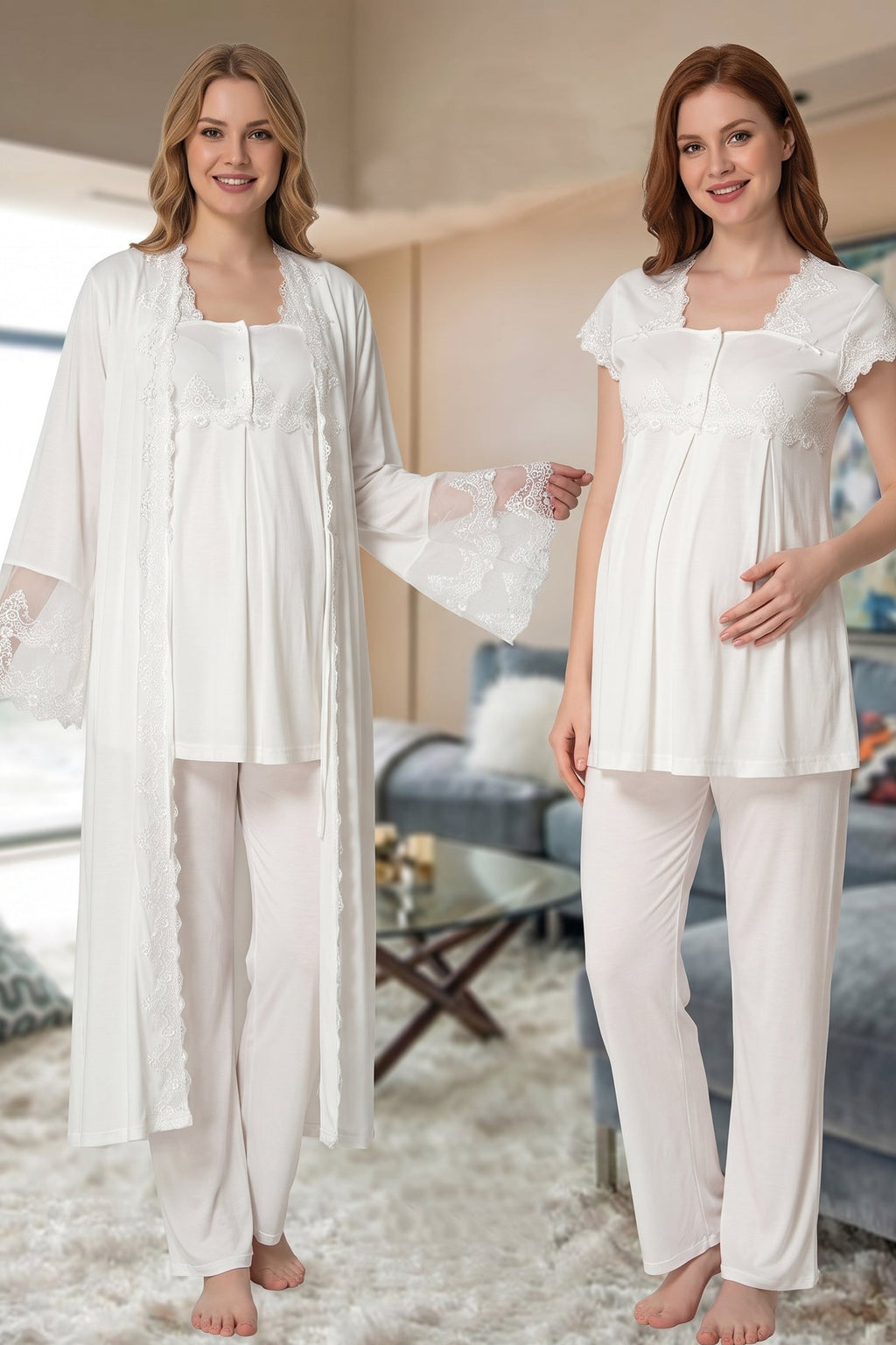 Lace Collar 3-Piece Maternity-Nursing Pajama & Lace Detailed Robe Set Ecru - 5011