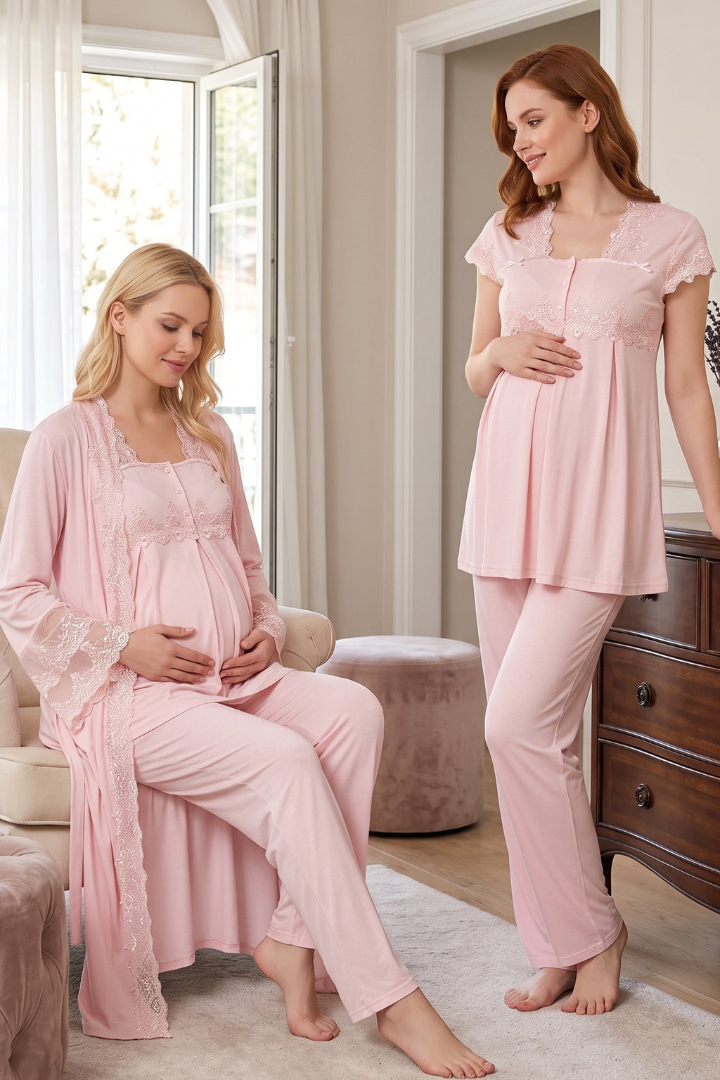 Lace Collar 3-Piece Maternity-Nursing Pajama & Lace Detailed Robe Set Pink - 5011