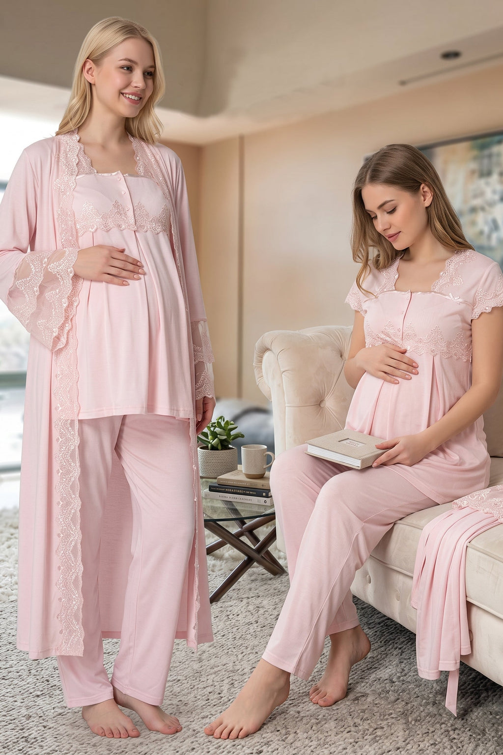 Lace Collar 3-Piece Maternity-Nursing Pajama & Lace Detailed Robe Set Pink - 5011