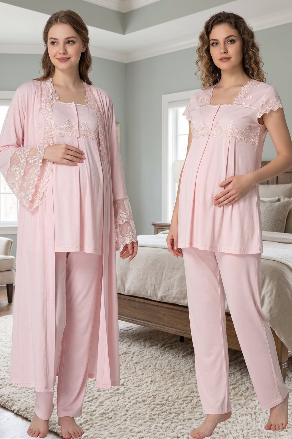 Lace Collar 3-Piece Maternity-Nursing Pajama & Lace Detailed Robe Set Pink - 5011
