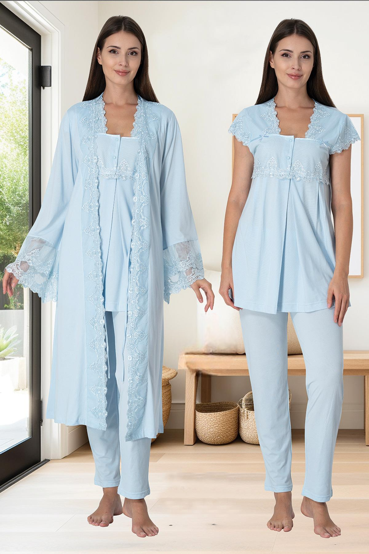 Lace Collar 3-Piece Maternity-Nursing Pajama & Lace Detailed Robe Set Blue - 5011