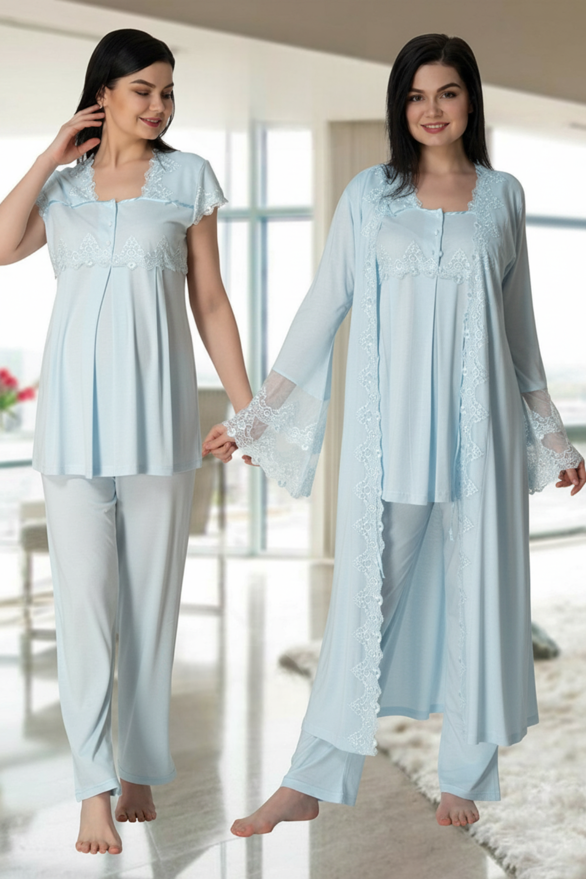 Lace Collar 3-Piece Maternity-Nursing Pajama & Lace Detailed Robe Set Blue - 5011
