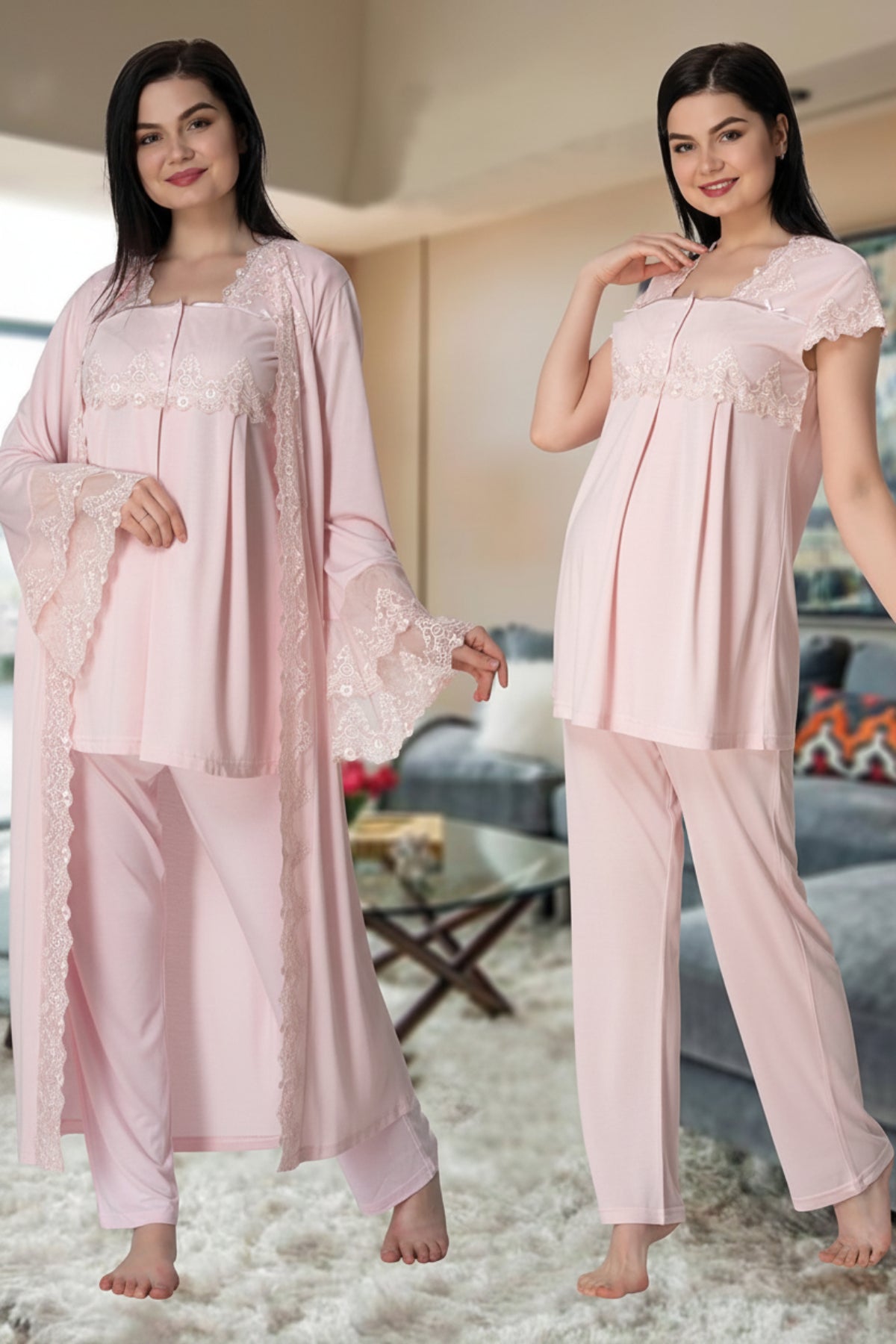 Lace Collar 3-Piece Maternity-Nursing Pajama & Lace Detailed Robe Set Pink - 5011