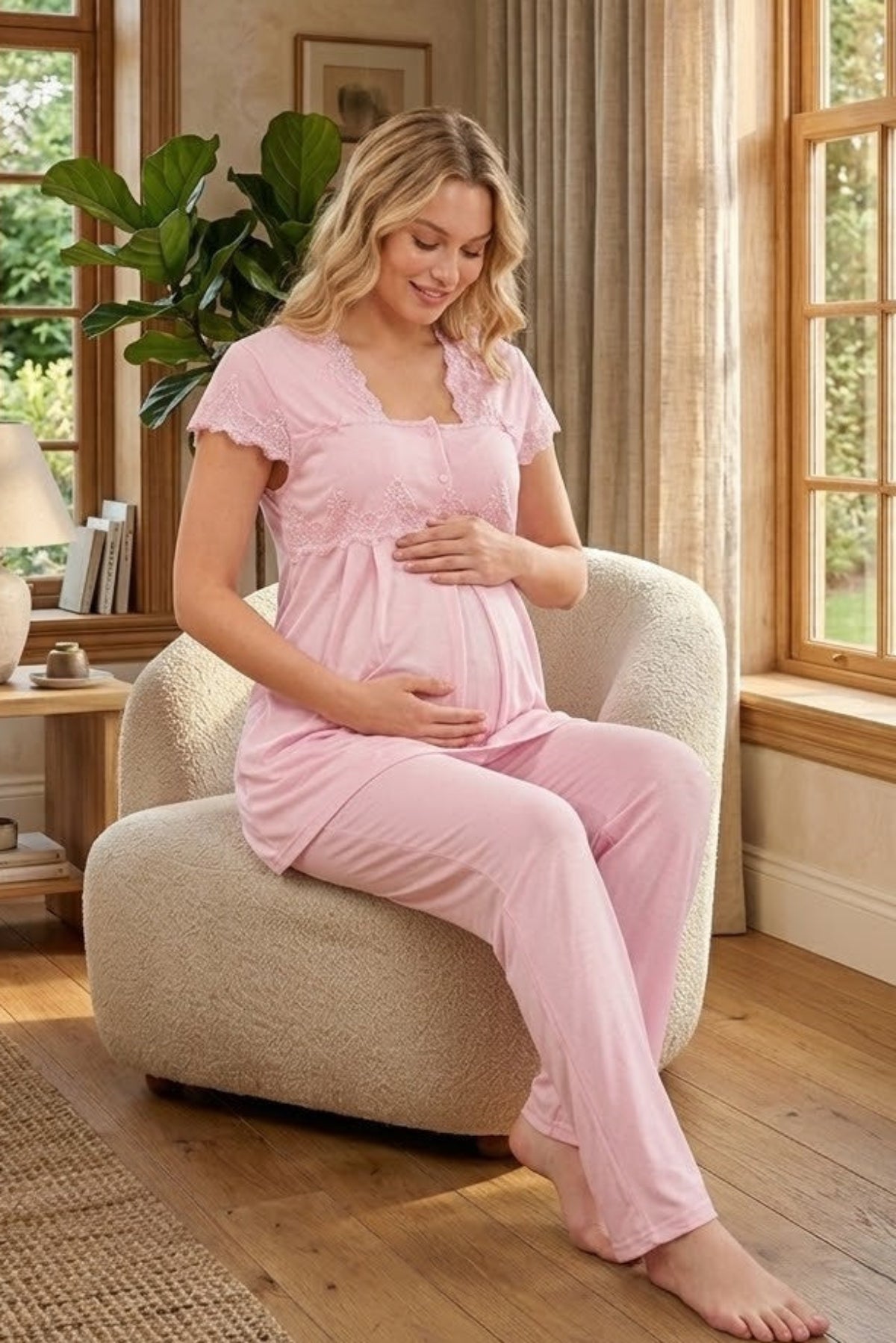 Lace Collar Maternity & Nursing Pajama Set Pink - 5012