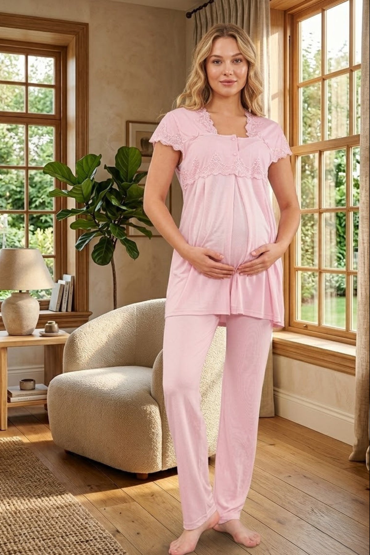 Lace Collar Maternity & Nursing Pajama Set Pink - 5012
