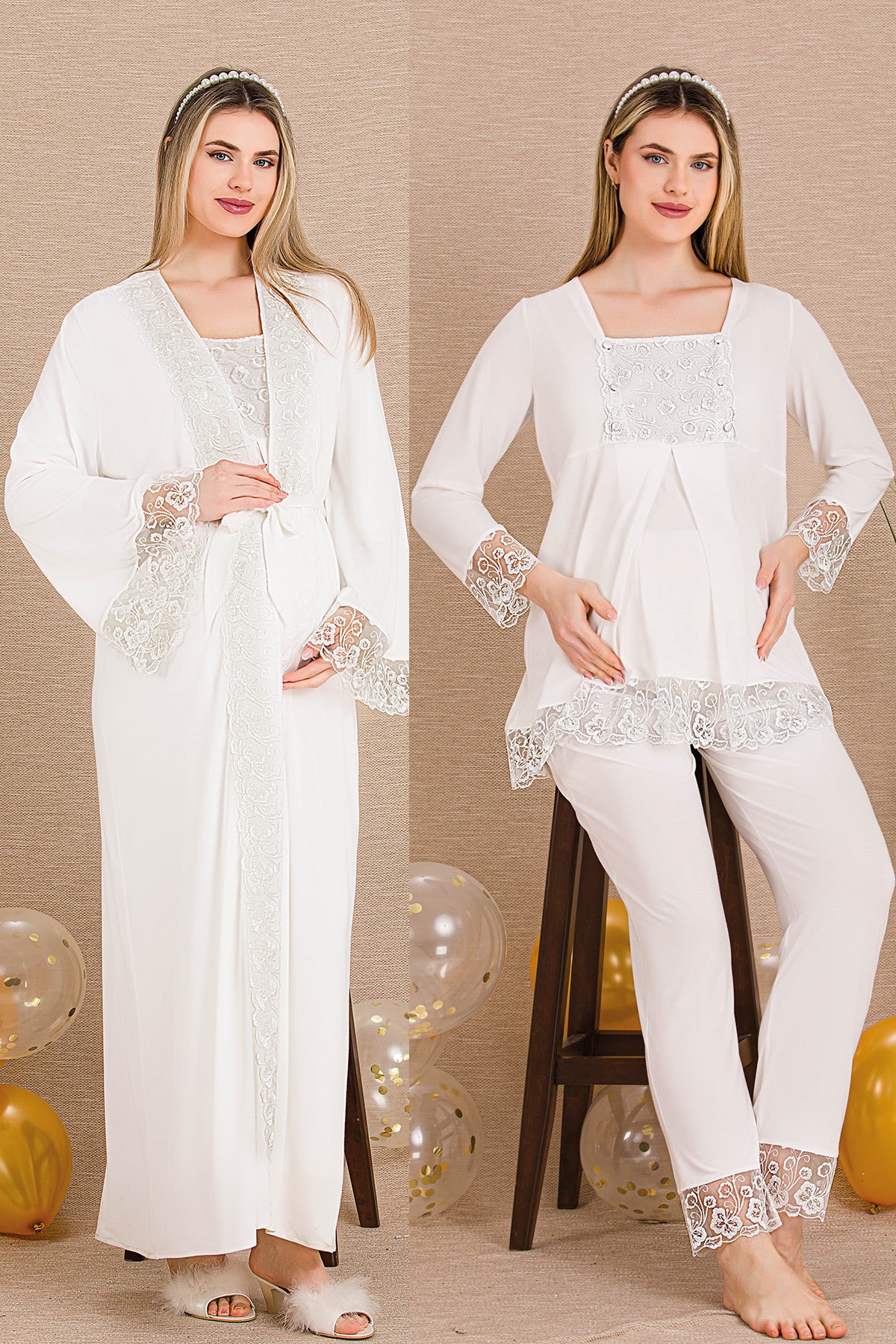 Elegant Lace Embroidered 4-Piece Maternity-Nursing Set Ecru - 501203