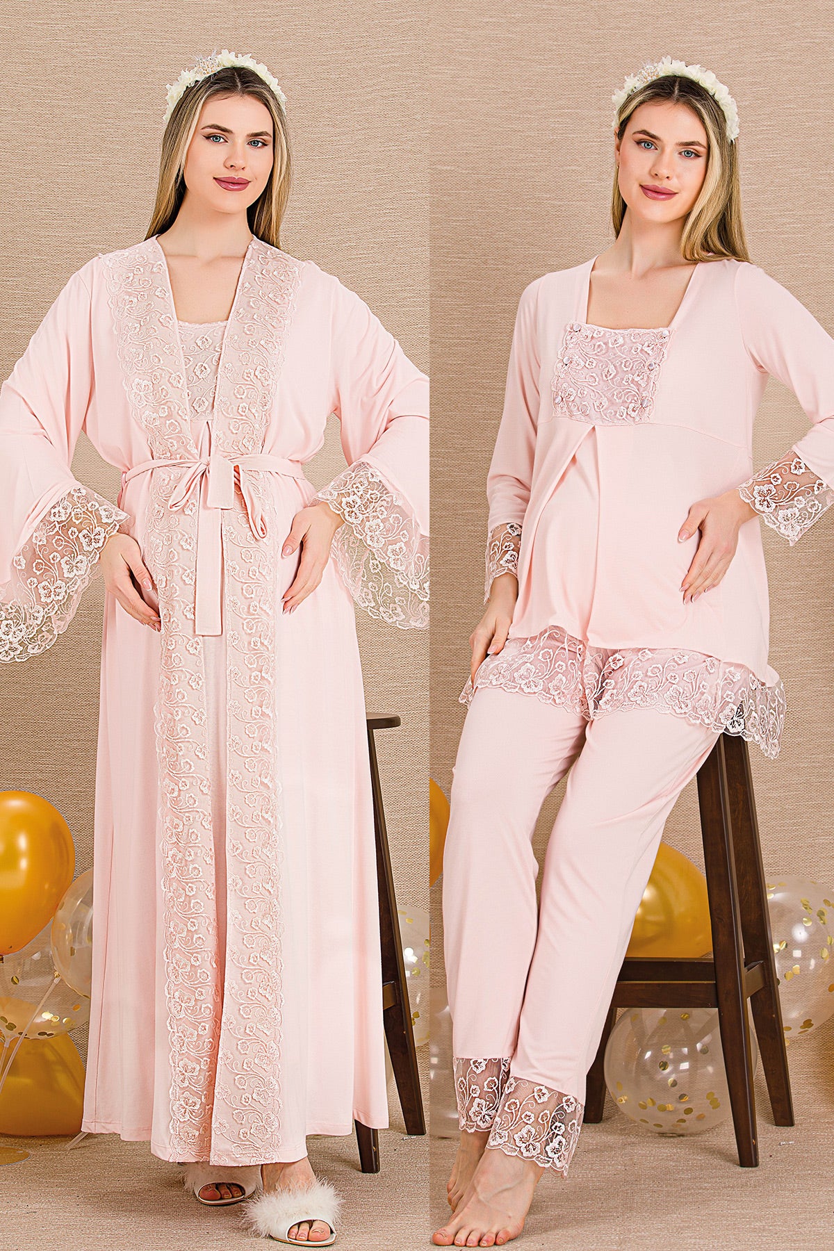 Elegant Lace Embroidered 4-Piece Maternity Feeding-Friendly Set Pink - Y501203