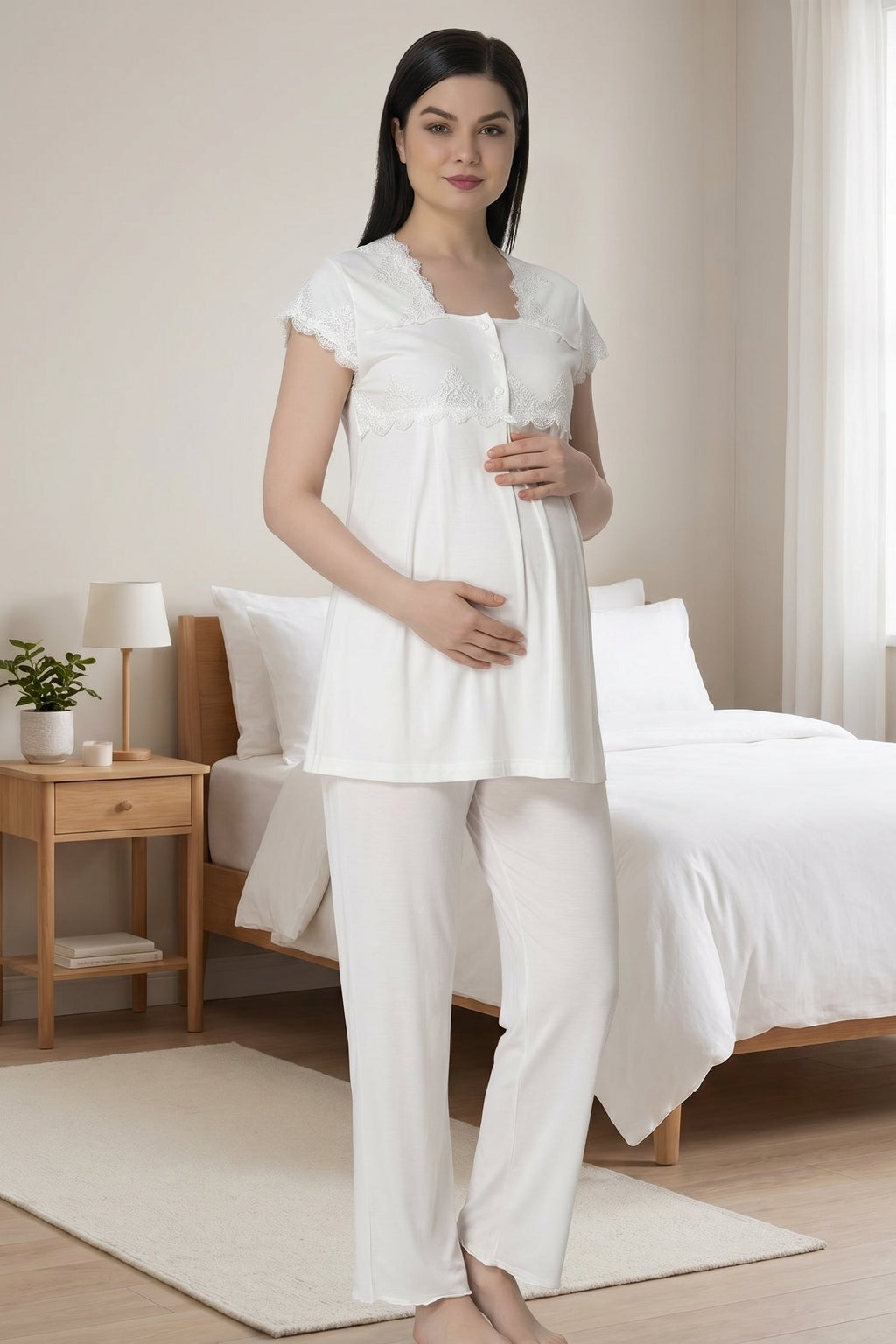 Lace Collar and Lace Detailed 4-Piece Maternity-Nursing Set Ecru - 5015
