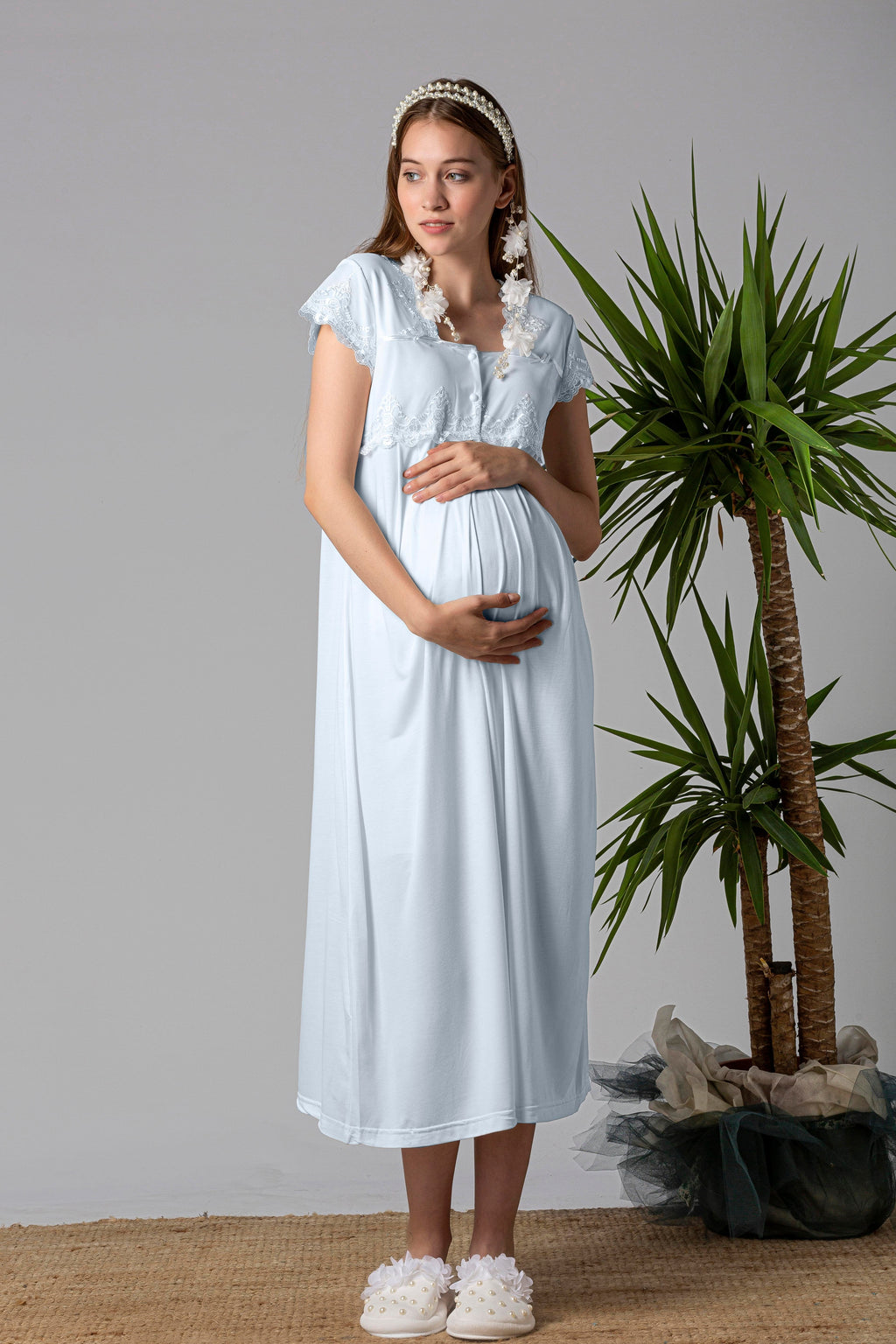 Lace Collar and Lace Detailed 4-Piece Maternity-Nursing Set Blue - 5015