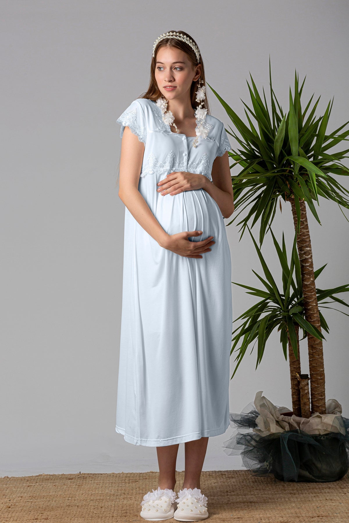 Lace Collar and Lace Detailed 4-Piece Maternity-Nursing Set Blue - 5015
