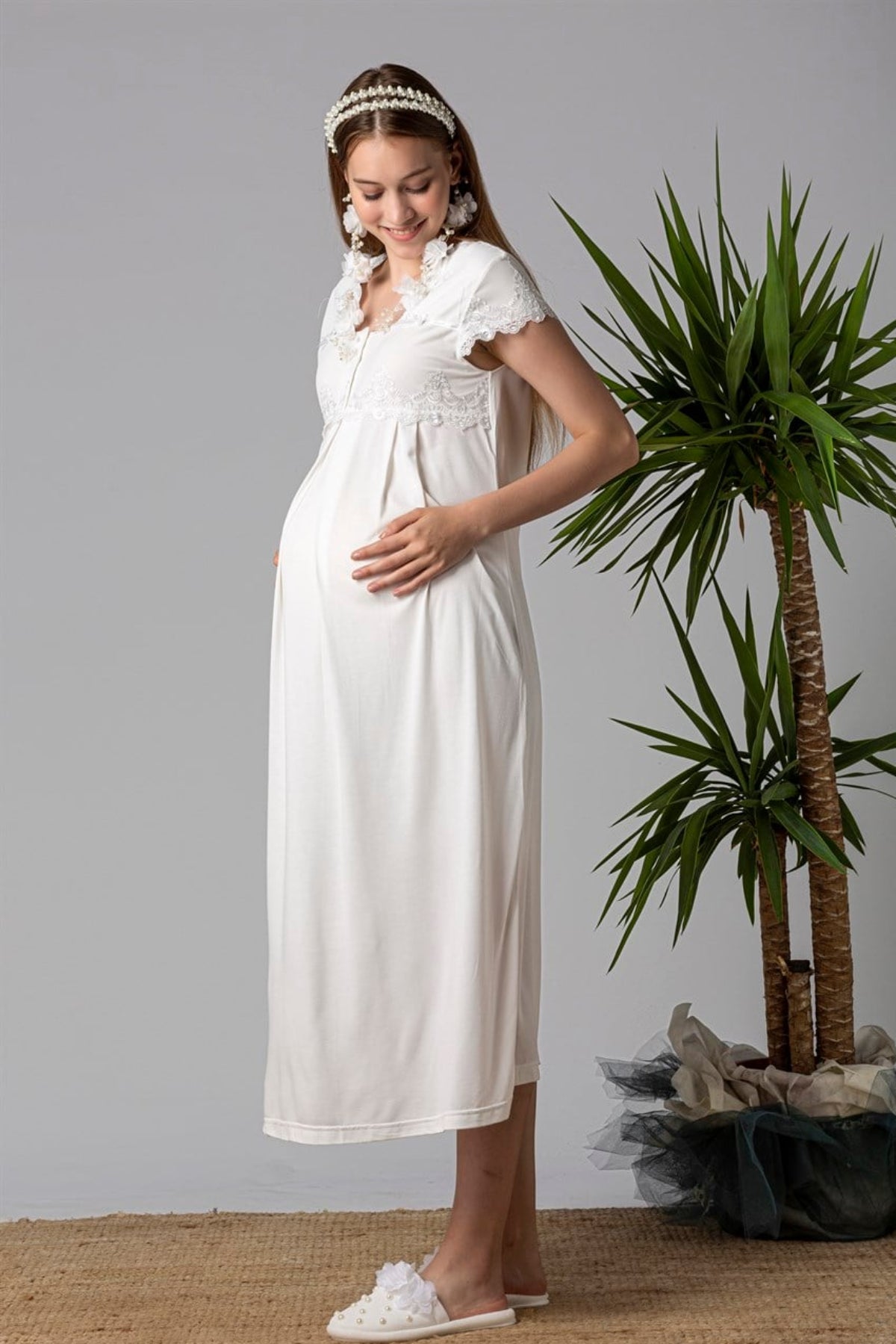 Lace Collar Maternity & Nursing Nightgown Ecru - 5013
