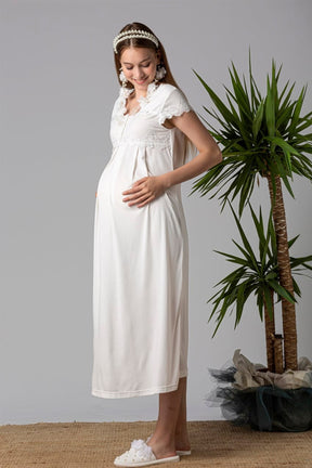 Lace Collar Maternity & Nursing Nightgown Ecru - 5013