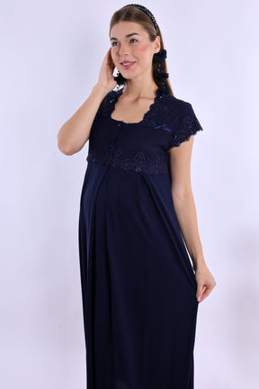 Lace Collar Maternity & Nursing Nightgown Navy Blue - 5013