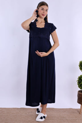 Lace Collar Maternity & Nursing Nightgown Navy Blue - 5013