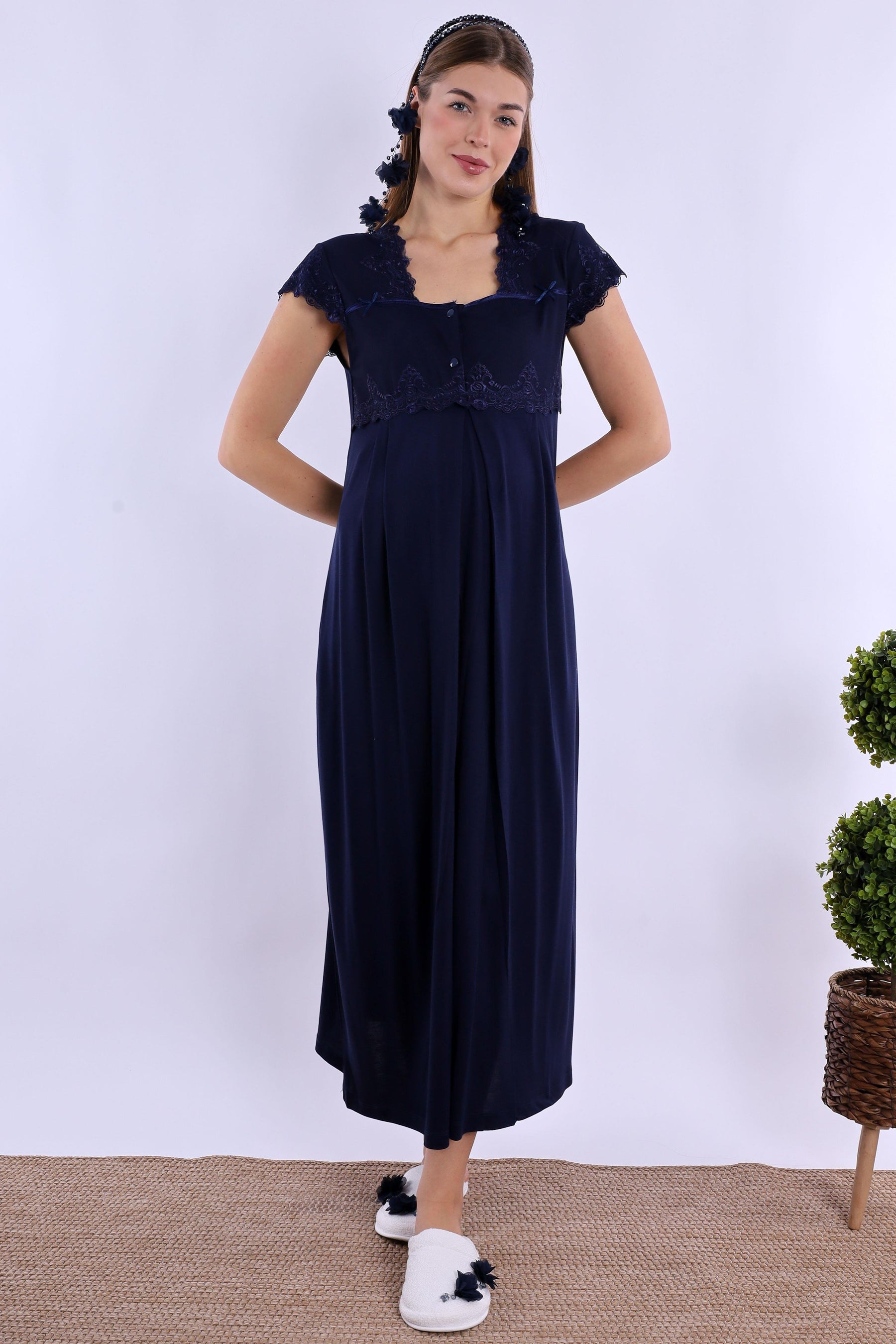 Lace Collar Maternity & Nursing Nightgown Navy Blue - 5013