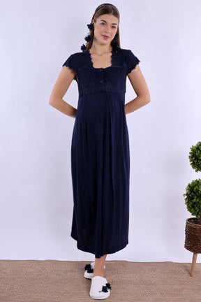 Lace Collar Maternity & Nursing Nightgown Navy Blue - 5013