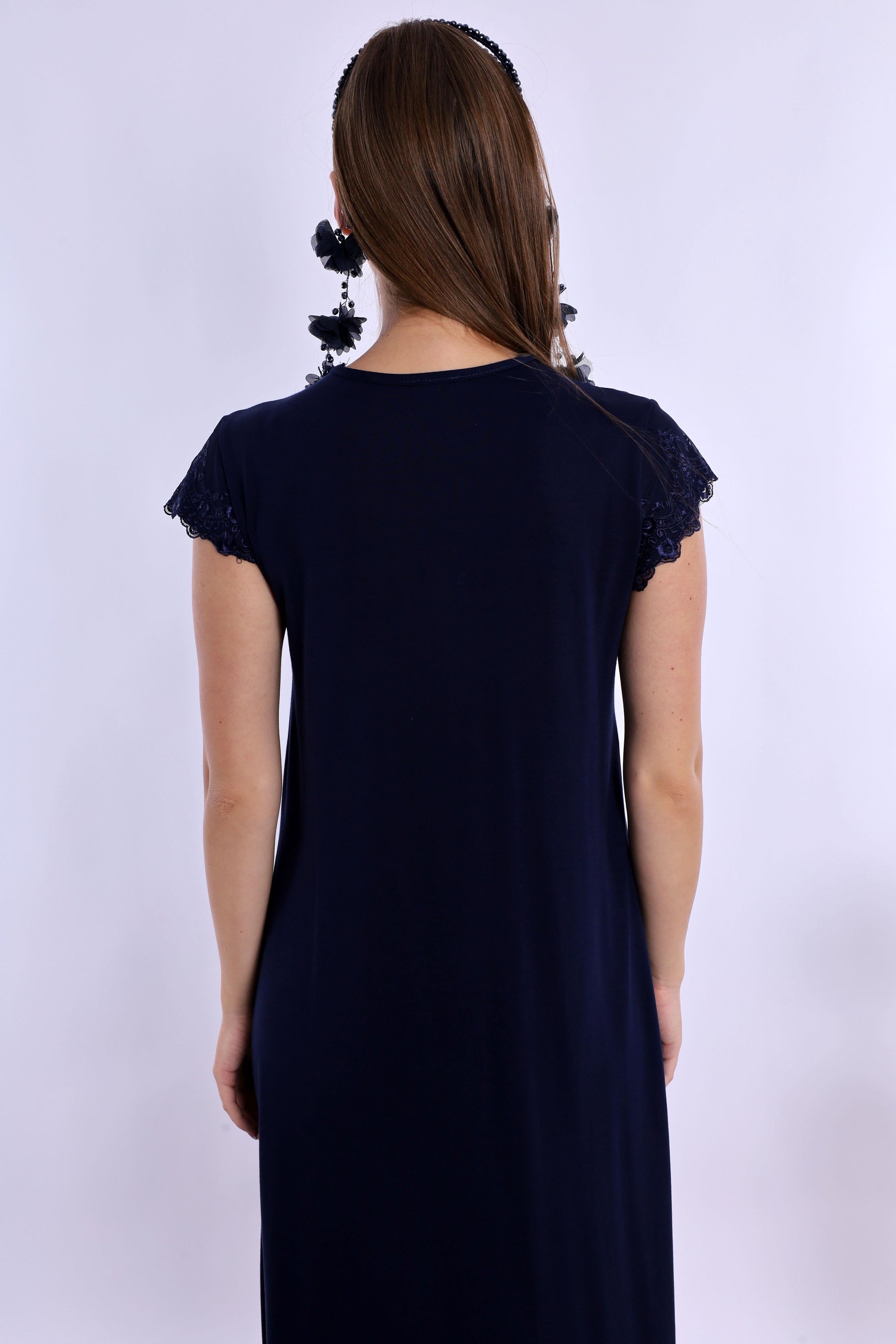 Lace Collar Maternity & Nursing Nightgown Navy Blue - 5013