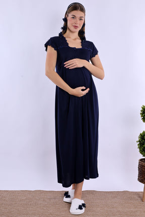 Lace Collar Maternity & Nursing Nightgown Navy Blue - 5013