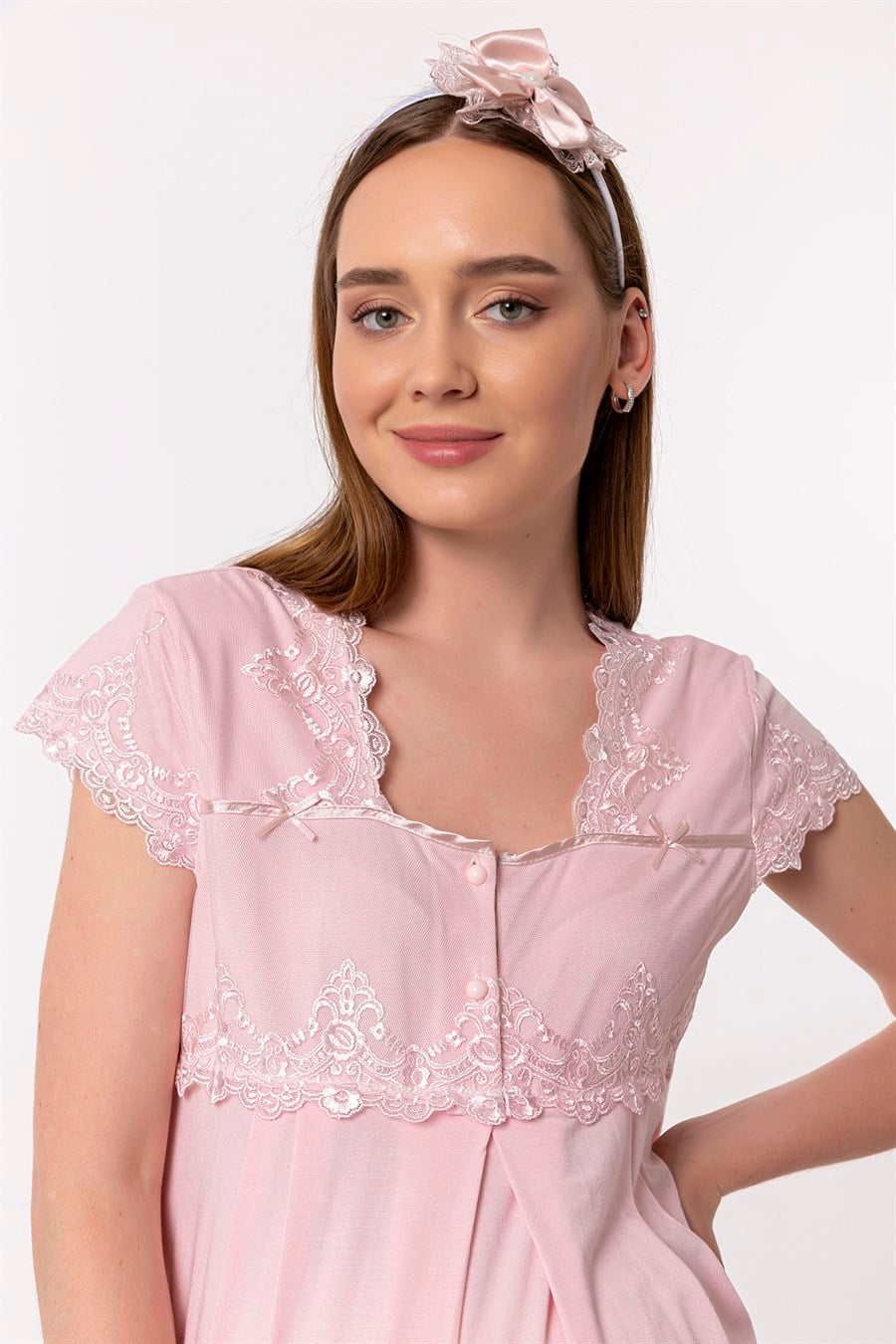 Lace Collar Maternity & Nursing Nightgown Pink - 5013