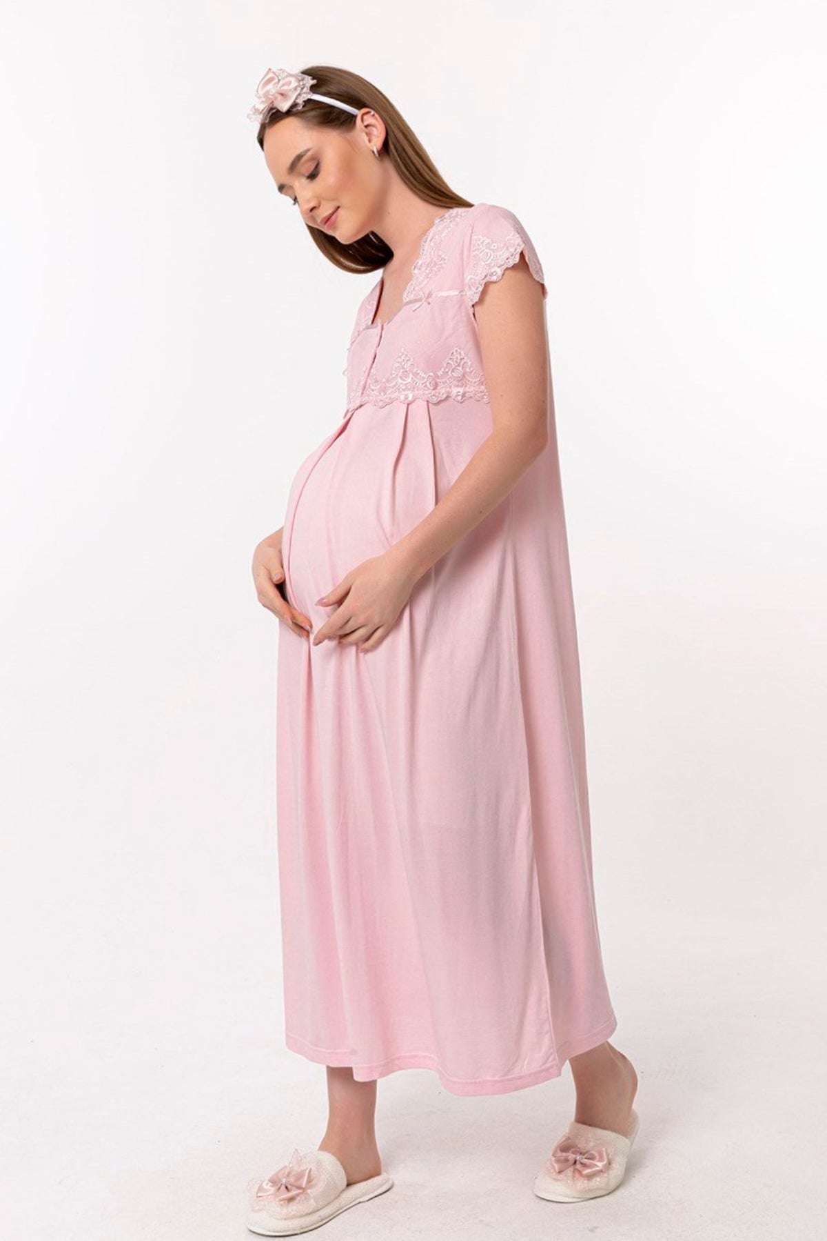 Lace Collar Maternity & Nursing Nightgown Pink - 5013