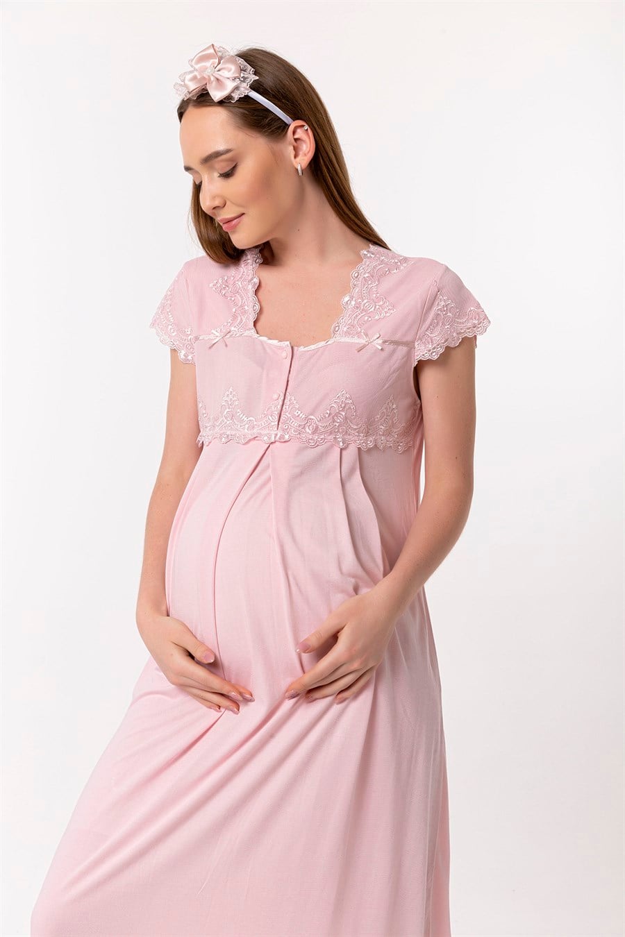 Lace Collar Maternity & Nursing Nightgown Pink - 5013