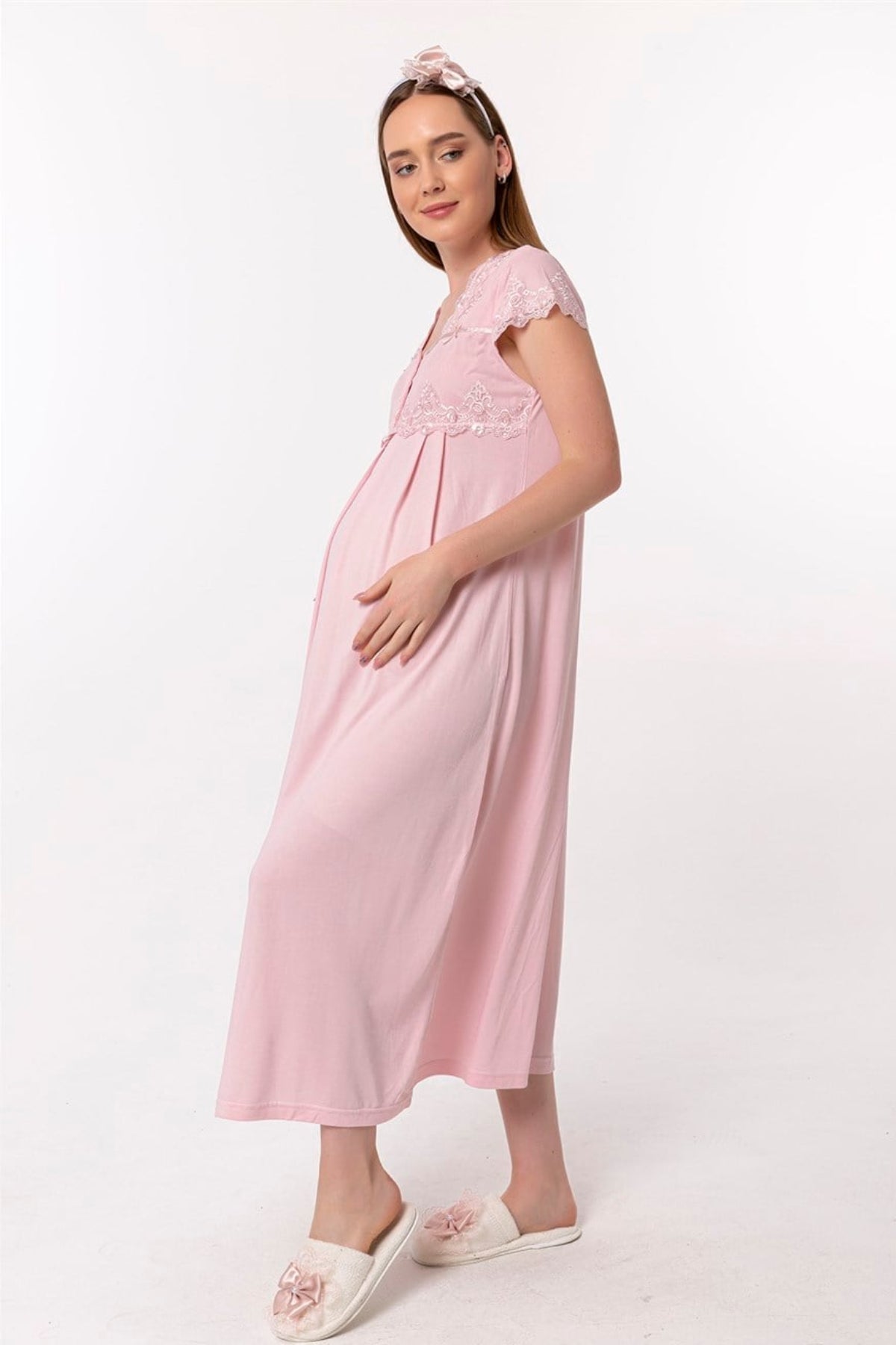 Lace Collar Maternity & Nursing Nightgown Pink - 5013