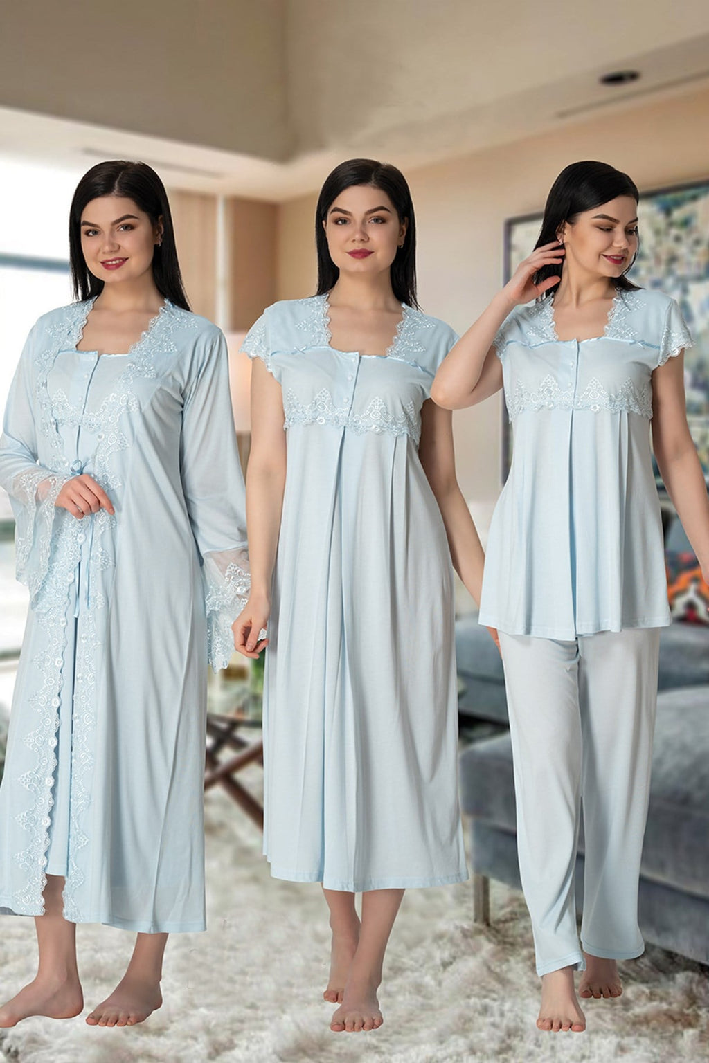 Lace Collar and Lace Detailed 4-Piece Maternity-Nursing Set Blue - 5015