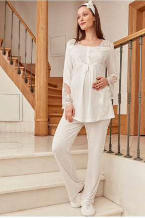 Lace Collar Maternity & Nursing Pajama Set Ecru - 5015
