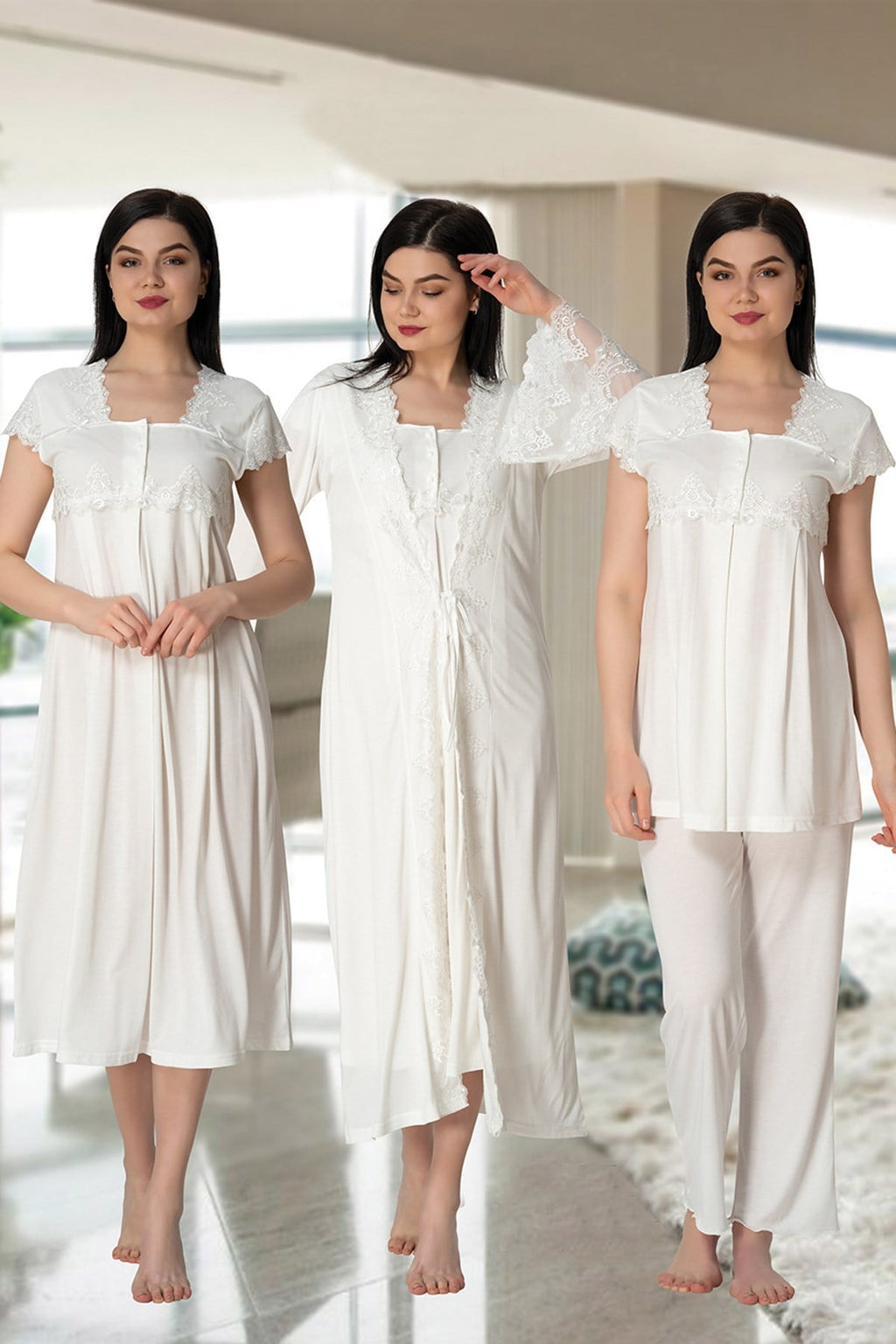 Lace Collar and Lace Detailed 4-Piece Maternity-Nursing Set Ecru - 5015