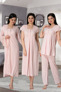 Lace Collar and Lace Detailed 4-Piece Maternity-Nursing Set Pink - 5015