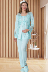 Lace Collar Maternity & Nursing Pajama Set Turquoise - 5015