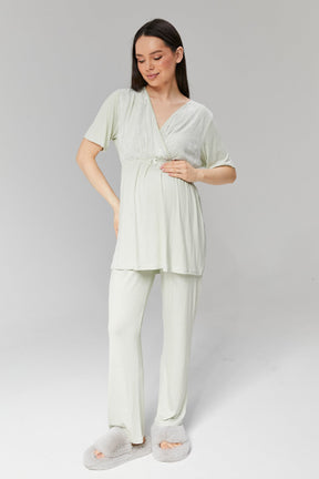 Double Breasted 3-Pieces Maternity & Nursing Pajamas With Robe Mint - 502