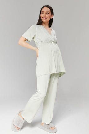 Double Breasted 3-Pieces Maternity & Nursing Pajamas With Robe Mint - 502