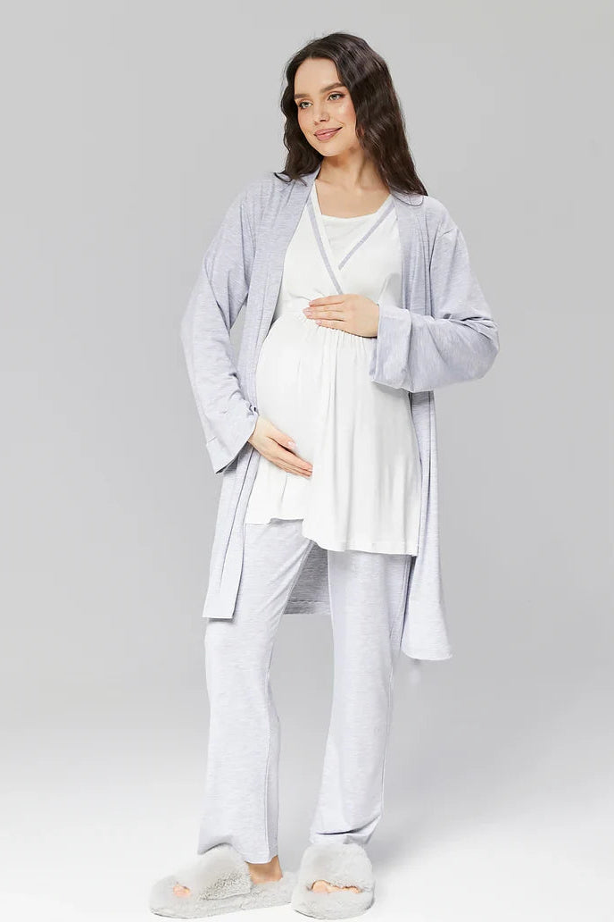 Bias Double Breasted 3-Piece Maternity-Nursing Pajama & Robe Set Grey - 503