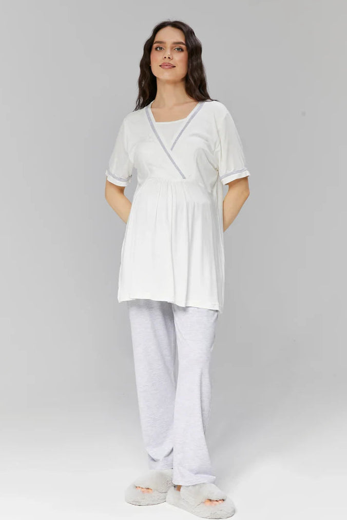 Bias Double Breasted 3-Piece Maternity-Nursing Pajama & Robe Set Grey - 503