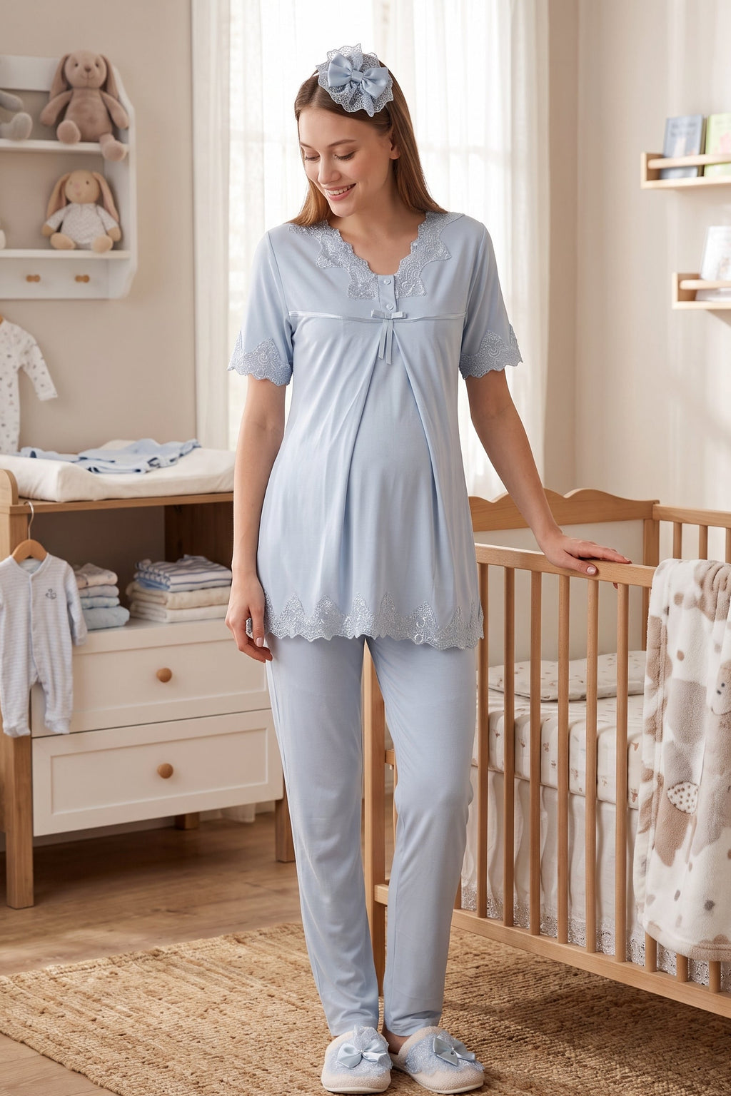 Lace Detailed Maternity & Nursing Pajama Set Blue - 5032