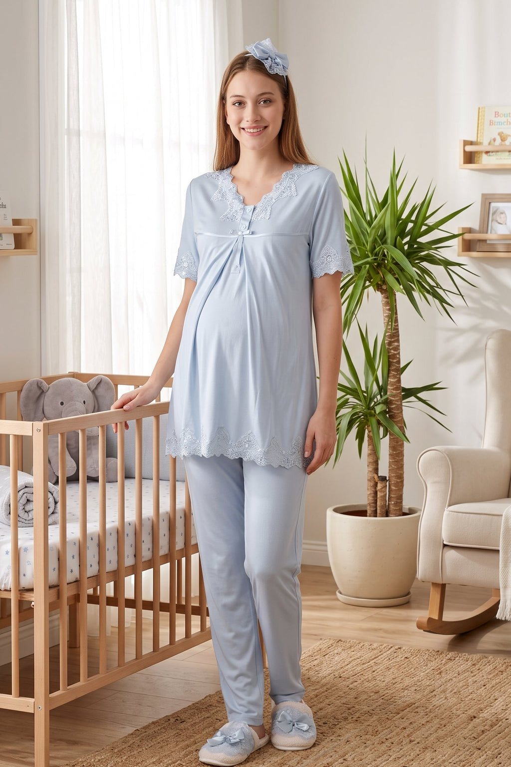 Lace Detailed Maternity & Nursing Pajama Set Blue - 5032