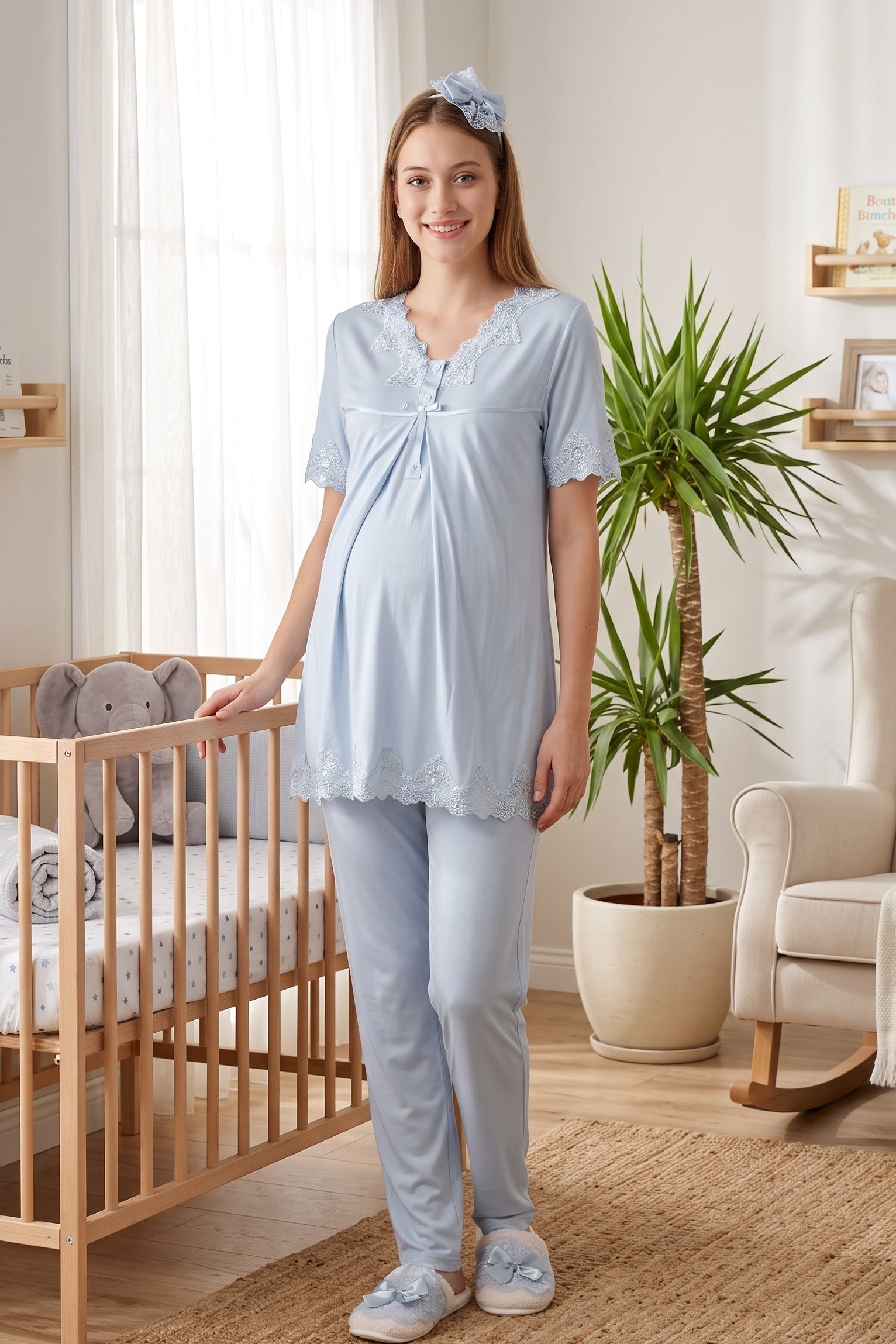 Lace Detailed Maternity & Nursing Pajama Set Blue - 5032