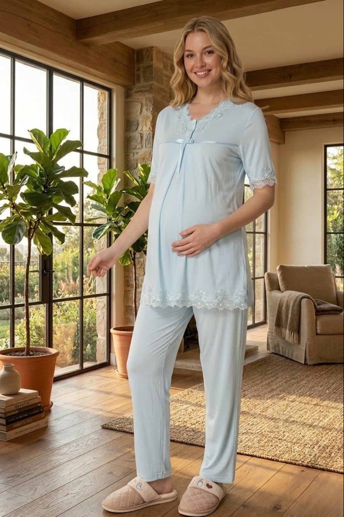 Lace Detailed Maternity & Nursing Pajama Set Blue - 5032